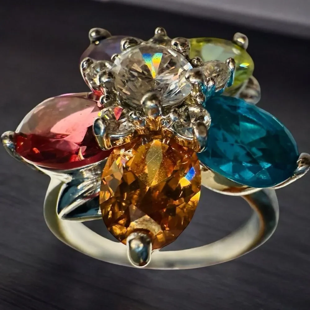 Colorful Flower Cocktail Ring with Multicolor Gemstones – Size 9.5